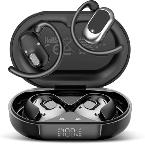 Auriculares Oreja Abierta Bluetooth 5.4, Auriculares Inalámbricos Deportivos supraaurales con Ganchos, 50 H, Ajuste Ultra Cómodo, IPX7 Impermeable, Auriculares Open Ear para Fitness Correr, Negro
