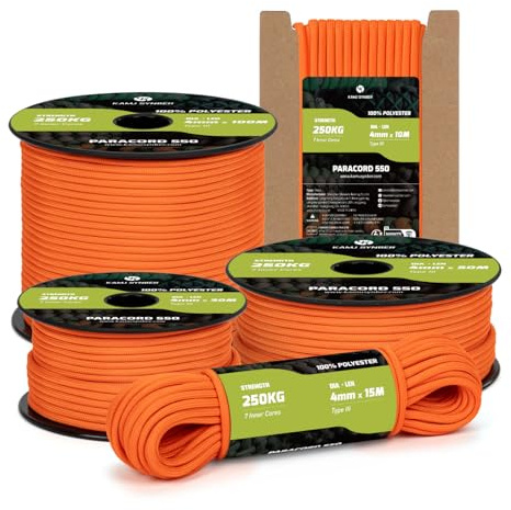 Kamu Synber Paracord 550 Typ III 4mm 10m 7 Trådar 100% Polyester Rep Idealisk för Armband, Camping, Utomhus, överlevnads | Stöd 250kg | Orange