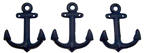 Wowser Nautical Cast Iron Ship Anchor Wall Hooks, 6 Inches, Set of 3 (Blue)