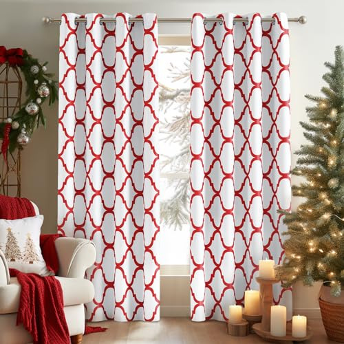 Melodieux Tende oscuranti oscuranti con occhielli per soggiorno, alla moda marocchina, isolamento termico, 106 x 240 cm, bianco sporco e rosso (2 pannelli)