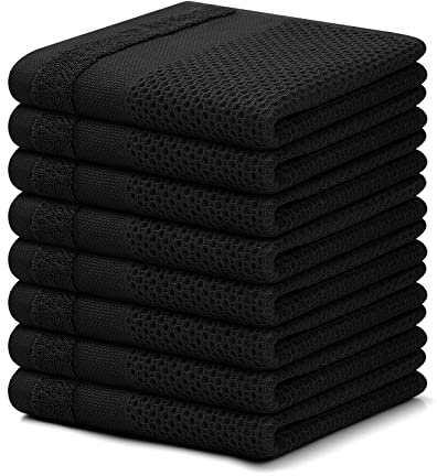 Homaxy 100% Cotton Dish Cloths, 8 Pack - 12 x 12 Inches, Waffle Weave Super Soft and Absorbent Dish Towels Quick Drying Dishcloths, Black