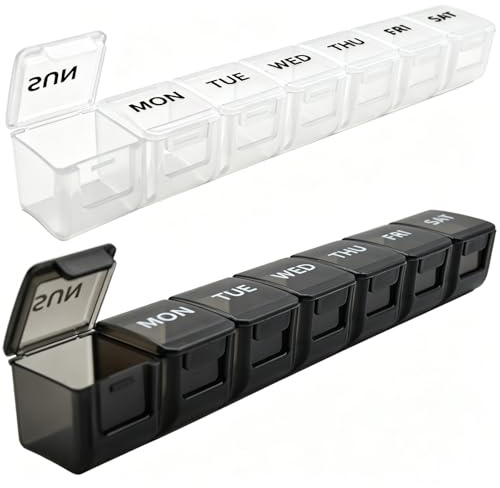 2 Pack Weekly Pill Organizer, Large 7 Day Travel Pill Case (White & Black)