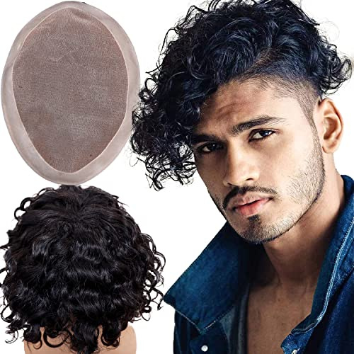 Lishy Curly Toupee for Men 9”x7” European Virgin Human Hair Replacement Systems Men’s Hairpiece Mono Lace Top with Durable PU Around Medium Light Density 1B Black Color