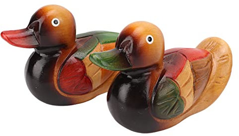 Buachois 2 Pièces Statues de Canard Mandarin, Figurines en Bois Peintes à la Main Ornement D'oiseau de Jardin Sculpture d'art pour Décor de Collection Extérieur