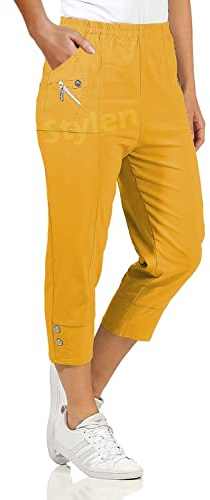 URBAN STITCH Womens Capri Trousers Ladies Three Quarter Soft 3/4 Cropped Pants UK Ladies Stretch Pull on Trousers Elasticated Waist Plus Size Summer Shorts