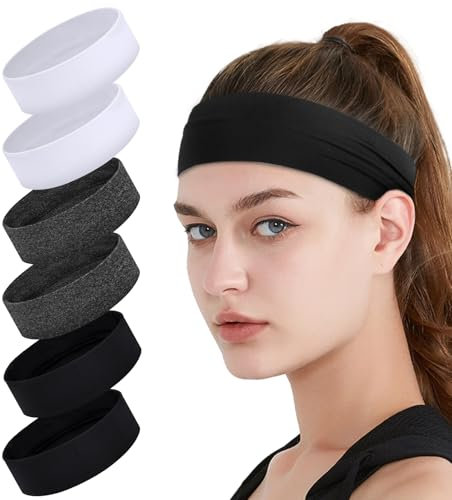 URAQT Sport Haarband, 6 Stück Stirnband Damen und Herren, Schwarz Schweißband Stirn Sommer, Double Sided Feuchtigkeit Wicking rutschfest Headband, Haarbänder für Yoga, Laufen, Radfahren, Basketball