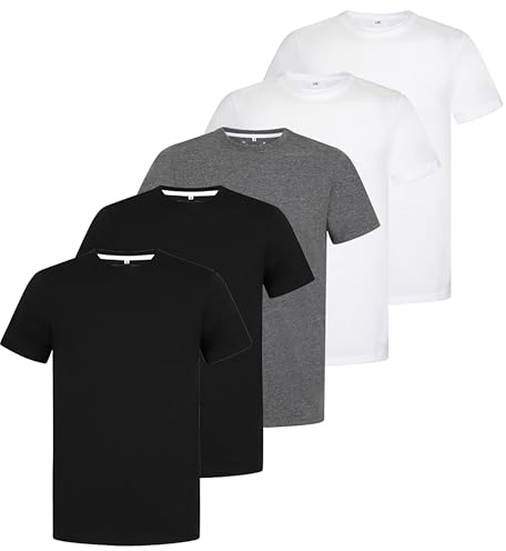 Lot de 5 t-shirts unis à manches courtes et col rond en coton pour homme, pour la course à pied, la gym, le sport, le travail, les entraînements pour homme, infroissables, Mélange de gris - Lot de 5,