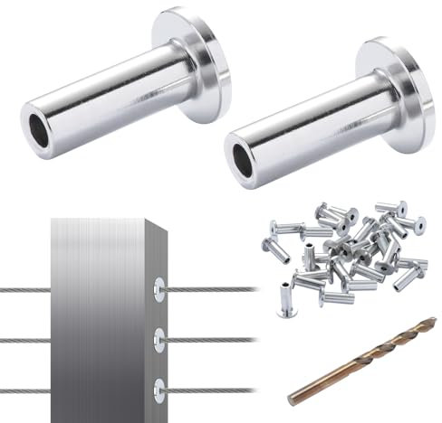 VEVOR 121 Pack T316 Stainless Steel Protector Sleeves for 3.2mm Wire Rope Cable Railing, DIY Balustrade T316 Marine Grade, Come with A Free Drill Bit, Silver