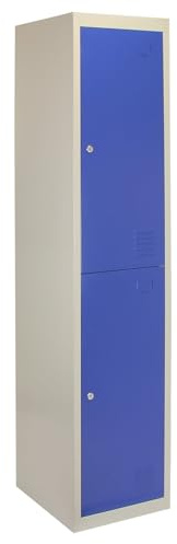 Lockable Storage Locker Filing Cabinet 2 Metal Doors Flat Packed Blue And Grey Steel Unit Staff Gym School Changing 1 Rail & 1 Shelf Air Vent 2 Keys Per Door FREE Magnets & Name Card