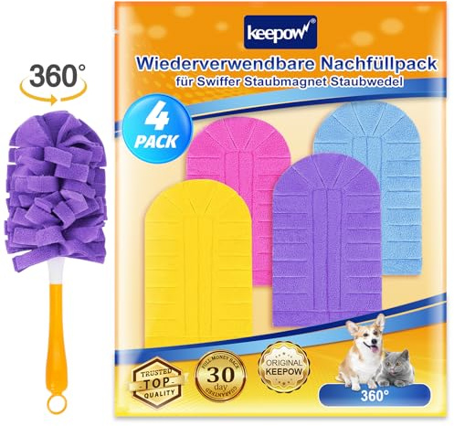 KEEPOW Ricariche Riutilizzabili per Swiffer Panni Catturapolvere, Super Assorbente in Microfibra per Swiffer Duster Piumini Catturapolvere, per Intrappolare Sporco e Polvere, 4 Pezzi