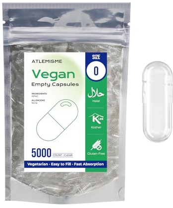 ATLEMISME Cápsulas Vacías Vegetales de HPMC - Tamaño 0, 5000 Unidades, Sin Gluten, Sin OGM, Veganas, Ideales para Suplementos de Vitaminas y Minerales
