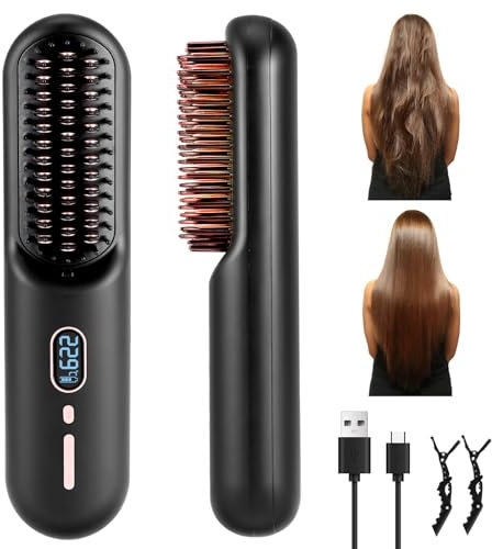 Nuision Cordless Hair Straightener Brush, Portable Hair Straightener Brush for Women,Hair Straightening Brush for Travel,Fast Heating,11 Temperature Settings,USB Rechargeable Negative Ion Comb (Black)