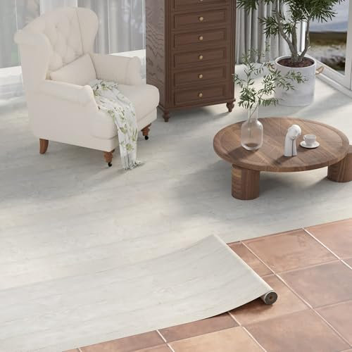 Homease PVC Bodenbelag Selbstklebende Holzoptik Vinylboden, Wasserdichte Schneidbar Vinylbodenbelag Bodenaufkleber für Bettzimmer, Küche, Wohnzimmer, 60x1000cm Weißgrau