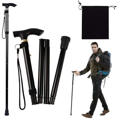 Cutiolly Bastone da passeggio pieghevole, in alluminio, nero, pieghevole, regolabile in altezza, 85-95 cm, con impugnatura a T, per anziani, disabili, feriti o limitatori