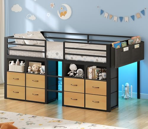 ADORNEVE Low Loft Bed Twin Size with 8 Storage Drawers, Twin Loft Bed with Bookcase and LED Lights, Metal Kids Loft Bed with 14 H Safety Guardrail, Under-Bed Play Space, No Box Spring Needed, Natural