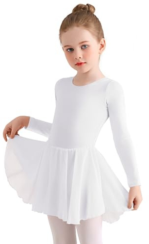 Eisnnu Kinder Ballettkleidung Mädchen Baumwolle Lange Ärmel Tanzkleid mädchen Ballettrock Balletttrikot Ballettanzug mit Chiffon Rock Tütü 2-11 Jahre (Weiß, 120)