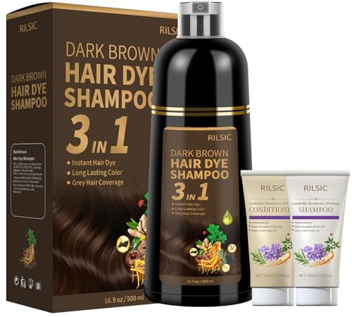 RILSIC Dark Brown Hair Dye Shampoo 3 in 1 for Grey Hair Coverage, 500ML Herbal Instant Hair Color & 50ML Shampoo & 50ML Conditioner, Long Lasting-Natural,Hair Colour Coloring in Minutes for Women Men