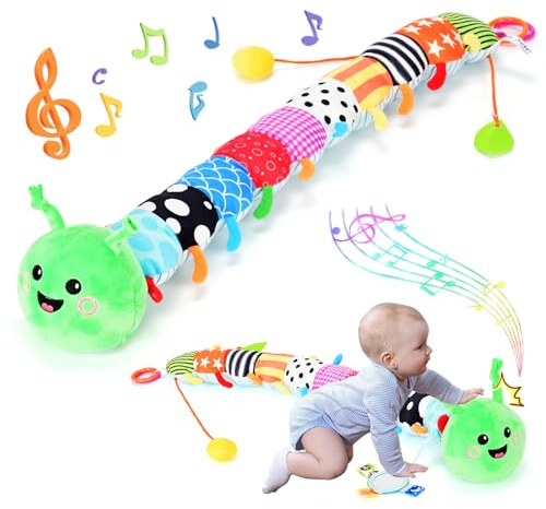 33in Plush Caterpillar Baby Sensory Toy 0-12 Months - Detachable Touch-Sensitive Music Box (30 Sounds), Baby Mirror, Crinkle Rattle & Teether - Perfect for Tummy Time, Car Seat Use - Ideal Newborn Sho