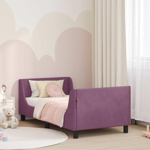 Ziaphsol Barnsängsram, lila, 80 x 160 cm, sammetsplattformssäng med sänggavel, robust ribbotten, förvaringsfack, träram, för sovrum, hållbara möbler