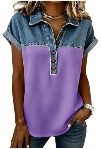 Chemise Femme Jean Patchwork Imprimé Chemisiers Et Blouses Col Montant Manches Courtes Chic Et Élégant T-Shirt Décontractée Respirant Chemisier Grande Taille Boutons Blouses Top