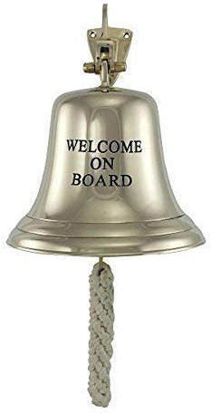 linoows Schiffsglocke mit Wandarm, Wand Glocke Welcome on Board, Messing Ø 15 cm