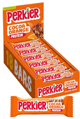 Perkier Cocoa Orange Bars (18 Bars), Vegan, Gluten Free, Protein, Lower Sugar, Office Snacks, Healthy Snacks for Adults, Low Calorie, Halal, Breakfast Bar, High Fibre, Gut Health, Multipack