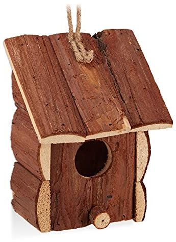 Relaxdays Bird House, Wooden Nesting Box, Decorative Shelter, H x W x D: 26.5 x 18 x 12 cm, natural/white