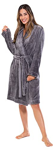 Turquaz Robes For Women, Womens Fleece Shawl Collar Soft Plush Knee Length Spa Robe