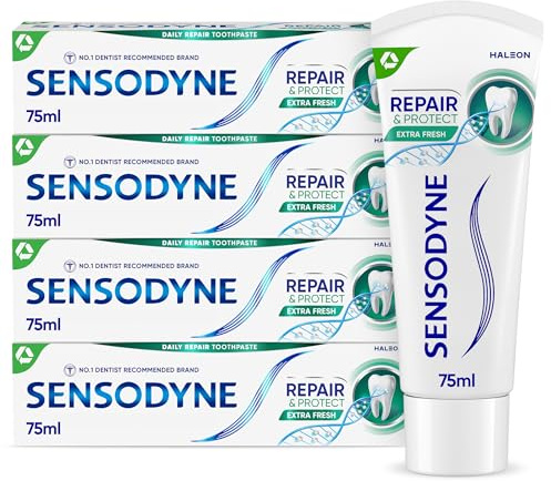 Sensodyne Repair & Protect Sensitive Toothpaste Extra Fresh 4 x 75 ml | Toothpaste for sensitive teeth, daily use, NovaMin technology, fluoride, fresh mint flavour, multi pack, enamel care
