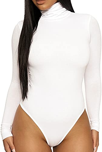 KOEMCY Body Donna Manica Lunga Elegante Collo Alto Bodysuit Sexy Aderenti a Maniche Lunghe Caldo Casuale Jumpsuits Basic Tops (Bianco,S)