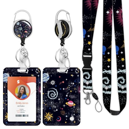 ID Badge Holder mit Lanyard, einziehbare ID Badge Card Holders Abnehmbare Hals Lanyard Strap mit Badge Reel und vertikale ID-Halter für Krankenschwester Studenten (Universe)