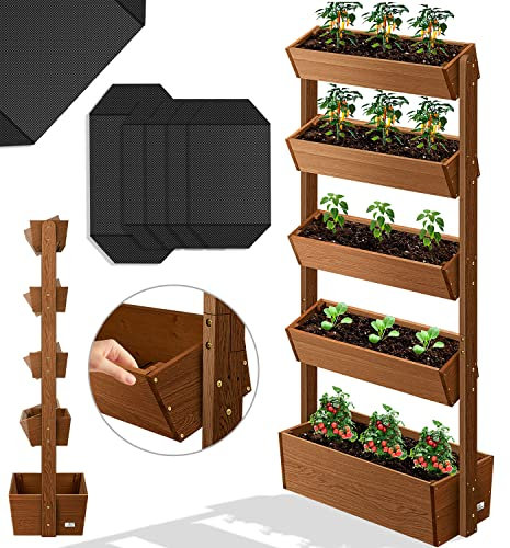 KESSER® Huerto Elevado con Estanterías Macetero de Flores Escalera de Flores Escalera de Plantas Huerto de Verduras Huerto de Hierbas Maceta de Plantas con Tela de Jardín, Marrón, 5 Niveles