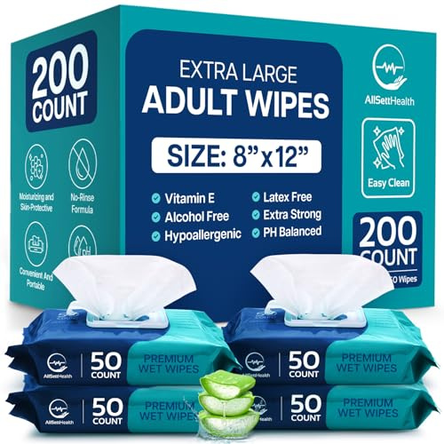 Lingettes corporelles pour adultes sans rinçage – Lingettes pour adultes pour personnes âgées 20,3 x 30,5 cm (200 pièces) sans rinçage, gants de toilette jetables pour incontinence, aloe vera