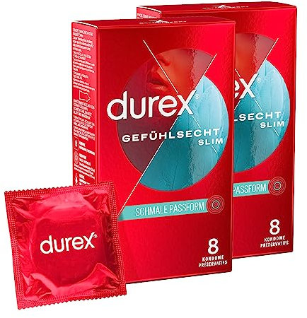 Durex Gefühlsecht Slim Kondome – Dünne Kondome mit schmaler Passform & mit Silikongleitgel befeuchtet – 16er Pack (2 x 8 Stück)