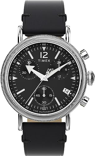 Timex Orologio cronografo Waterbury da uomo, 40 mm, cinturino a sgancio rapido in due pezzi in pelle nera, quadrante nero, cassa argentata TW2W20600