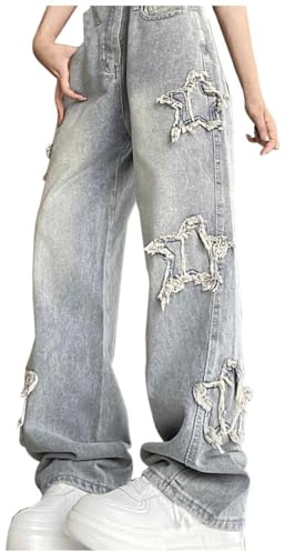 WAZHAKU Jeans Baggy Y2k - Taille haute - Jambe large - Vintage - Ample - Streetwear - Pantalon droit - Loisirs - Pour femme - Mode décontractée - Jean boyfriend - Avec broderie étoile - Pantalon long