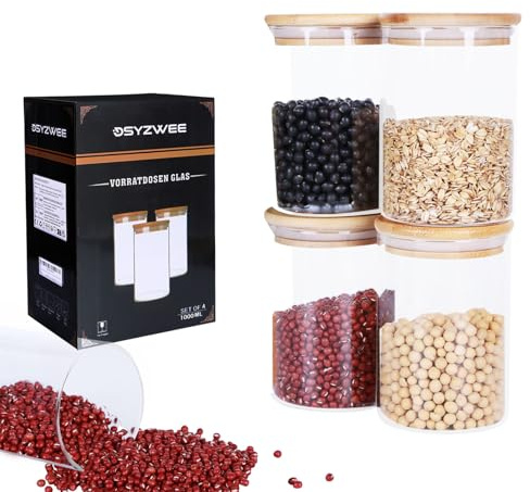 DSYZWEE 1000ML Glass Storage Jars with Lids Set of 4 - High Borosilicate Glass Airtight Kitchen Food Canisters Cylinder Clear Preserving Seal Containers for Canning Cereal,Pasta,Spices