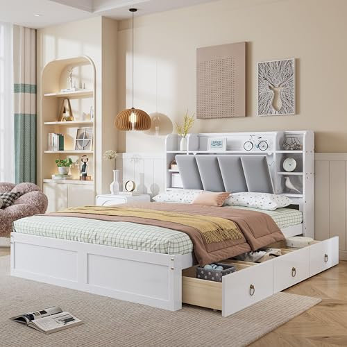 YCYDHDM Doppelbett Holzbett 140 x 200 cm mit 3 Schubladen und Stauraum-Kopfteil, Stauraumbett mit Lattenrost, Bett für Schlafzimmer und Gästezimmer, Bettgestell aus Massivholz, Ohne Matratze, Weiß