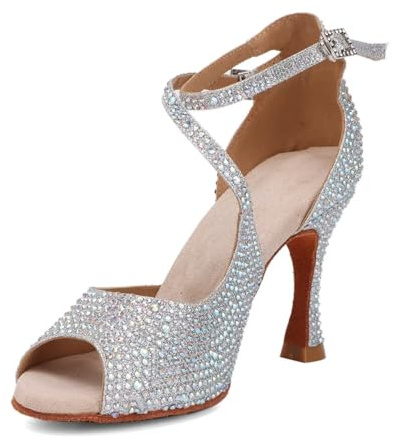 Syrads Scarpe da Ballo Latino da Donna Salsa in Raso Scarpe da Ballo da Ballo da Sala per Principianti sociali Salsa Festa da Ballo Latino,Argento 9cm Heel,39 EU