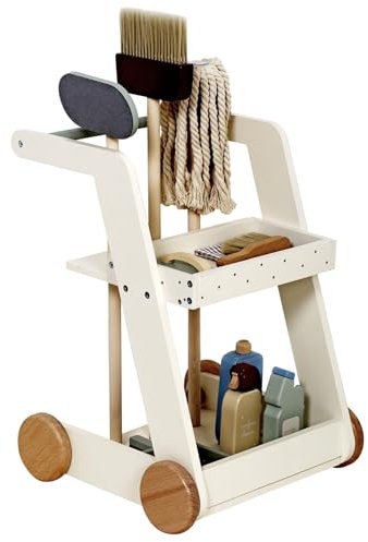 Carro de madera con accesorios para niños, 36 x 30 x 43,5 cm, con escoba, fregona, cepillo de mano, productos de limpieza