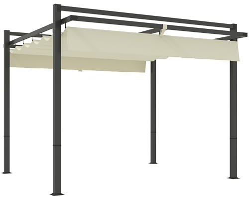 Outsunny 3 x 3(m) Pergola with Retractable Roof Canopy, Aluminium Frame Garden Gazebo Outdoor Sun Shade Shelter for Grill, Patio, Deck, Khaki