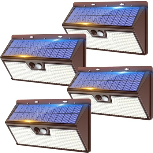 4 Pack Solar Security Lights Outdoor Motion Sensor, 318LED Super Bright Solar Powered Light with 3 Lighting Modes, IP65 Waterproof Wireless Pir Wall Lights for Garden Fence Yard Path(Brown)