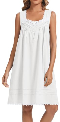 AVIIER 100% Cotton Nightgowns for Women Sleeveless Night Gown with Pockets White M