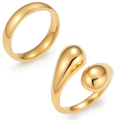 Emibele Anelli Donna Oro Set da 2, Anello Larghi in Acciaio Inox Antiossidazione, Anello a Goccia Statement, Anelli Aperti Intrecciati Impilabili, Gioielli alla Moda Regalo per Persona Cara