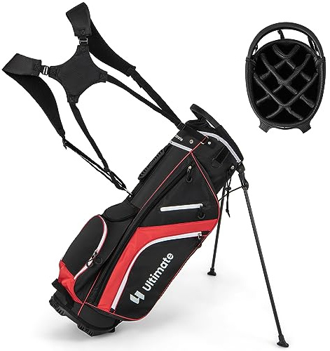 GYMAX Bolsa para Palos de Golf con Divisores de 14 Vías y 6 Bolsillos, Liviana con Soporte, Bolsa Refrigeradora, Correa Doble, Capota para Lluvia, Soporte para Paraguas y Asas de Transporte (Rojo)