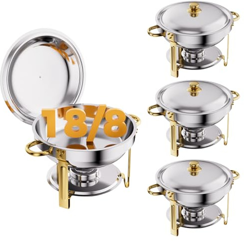 CAMMOO Gold 4 Pack Chafing Dishes for Buffet, 18/8 (304) Stainless Steel Food Pan with Lid, 6QT Round Chafing Dish Buffet Set Food Warmer, Food Warmers for Parties Buffet Catering Events Dinners