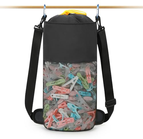 GNEGNI LIFE Sacchetto per mollette da bucato, grande rete da appendere, con gancio e tracolla, contiene 500 mollette, borsa portatile per mollette ad asciugatura rapida, Nero , 42 cm x 17 cm x 42 cm
