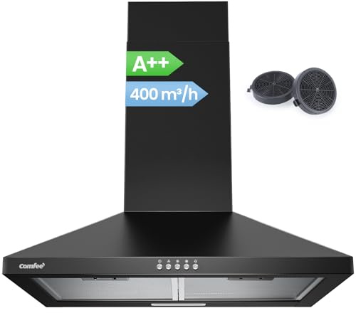 COMFEE' CH60A17EM400B A++ Dunstabzugshaube 60cm Umluft & Abluft, Wandhaube mit Aktivkohlefilter, 400m³/h Luftstrom, 5 Schichten Waschbarer Fettfilter, Einstellbarer Kamin, Schwarz