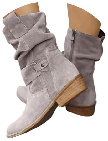 EQWIGKEIT Botines para mujer con tacón antideslizante de ante vintage, zapatos ligeros, tacón de bloque, botas de invierno, elegantes, botas de media altura, A5 gris claro, 40 EU