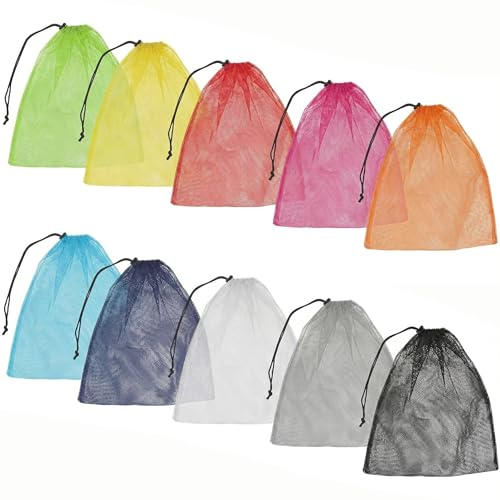Nylon Mesh Laundry Bag for Washing Machine,10 Pack Colorful Drawstring Mesh Stuff Sack 35x40 cm, Multi Functional Storage Bag for Sport, Swimming, Beach, Travel, Gym, Camping and Training